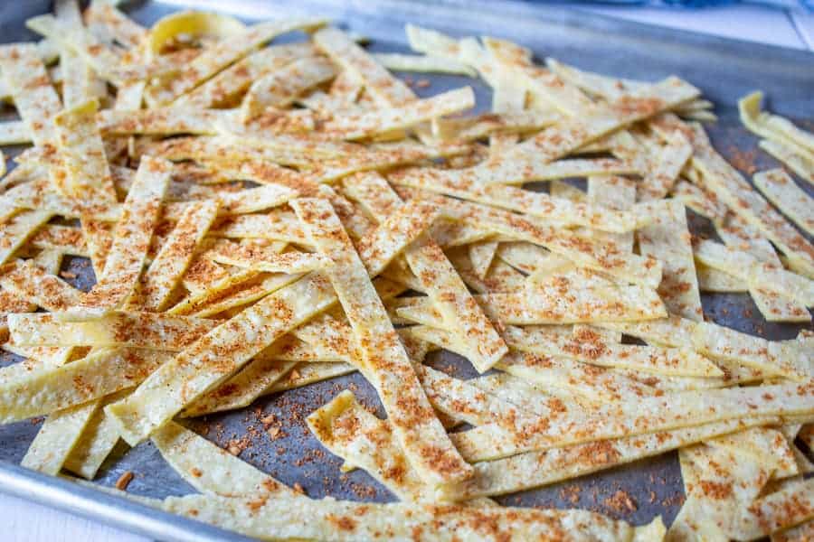 Thinly cut tortilla strips sprinkled with taco seasoning. 