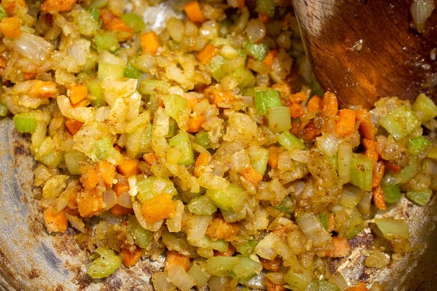 Cooked carrots, celery and onions coated with flour.