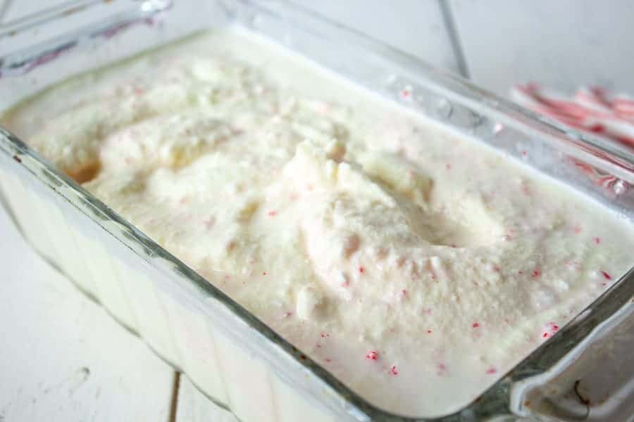 Peppermint Ice Cream in a glass dish.