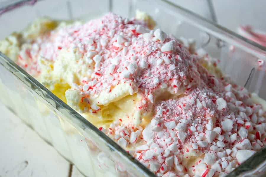 Crushed candy canes on top of homemade ice cream.