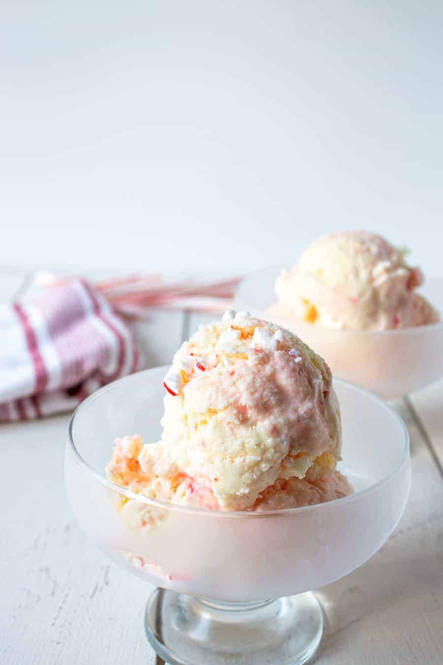 Ice cream dishes filled with scoops of pink ice cream.