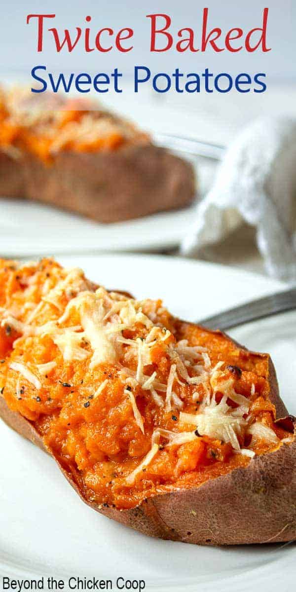 A baked sweet potato topped with parmesan cheese.