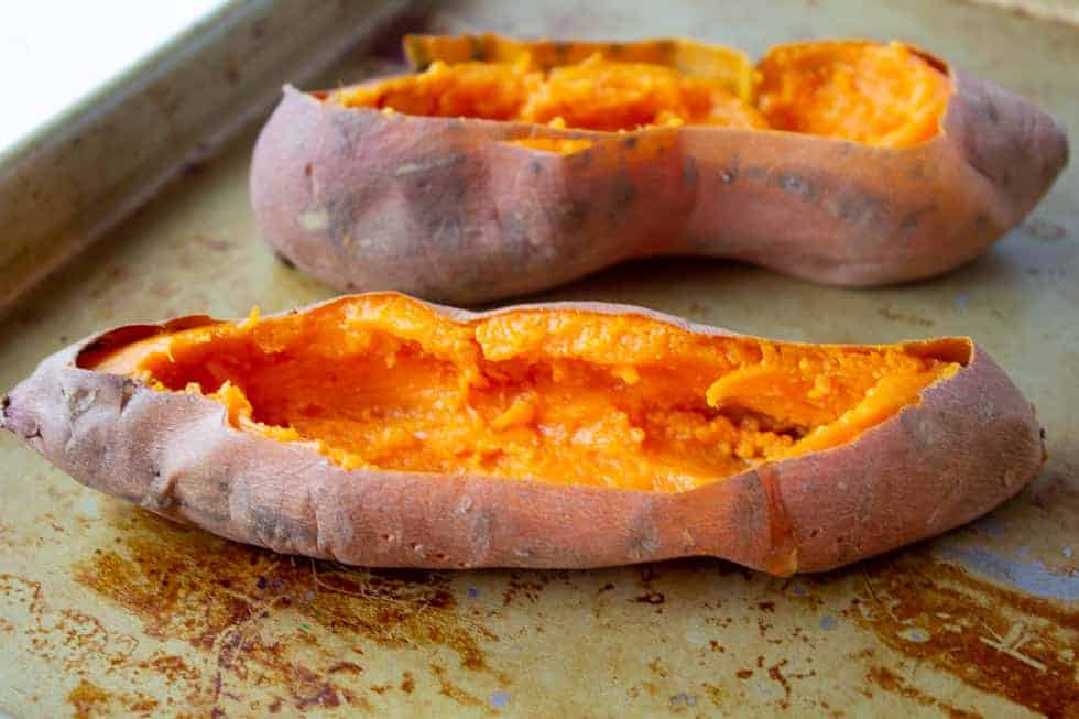 Sweet potatoes with insides scooped out. 