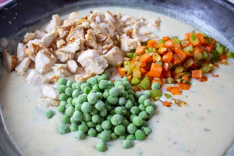 Frozen peas, chunks of chicken and veggies in a thick sauce.