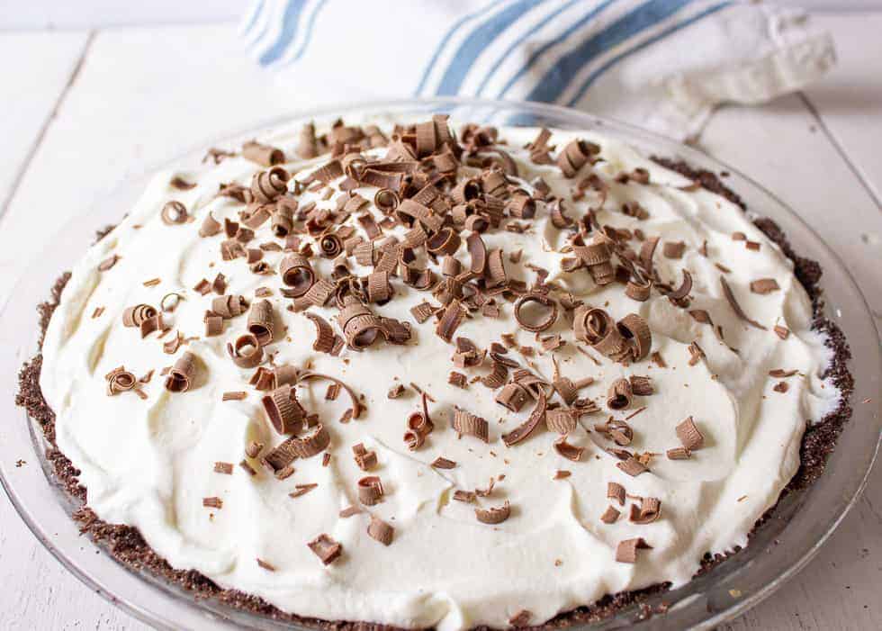 Chocolate shavings on top of a pie.