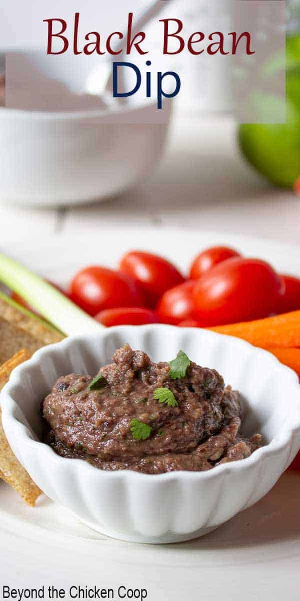 A small white dish filled with a bean spread and fresh veggies surrounding the small dish.