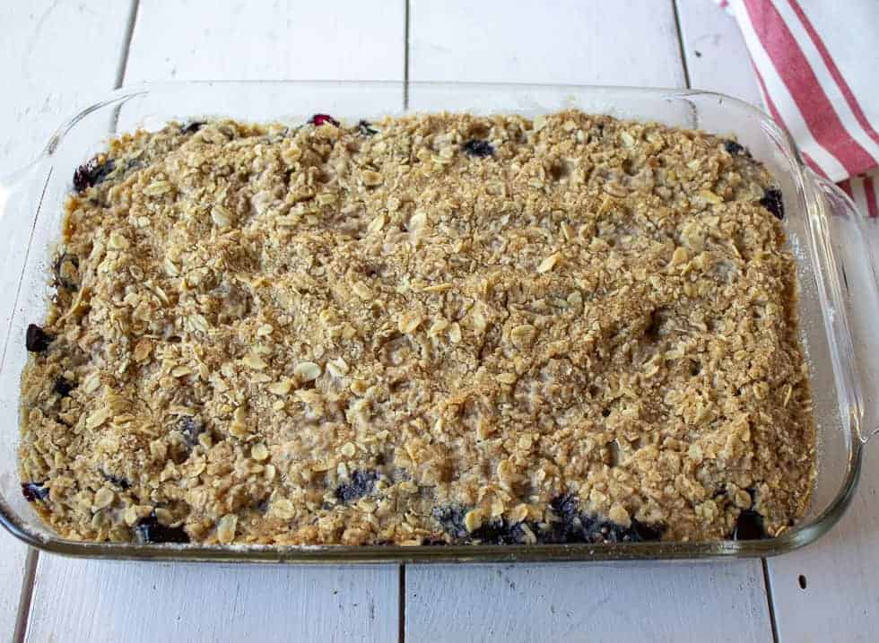 Blueberry Crumb Bars in a glass baking dish.