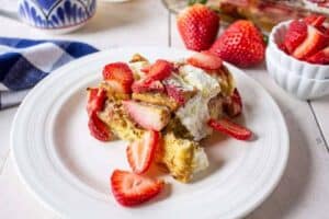 Baked french toast with fresh strawberries.