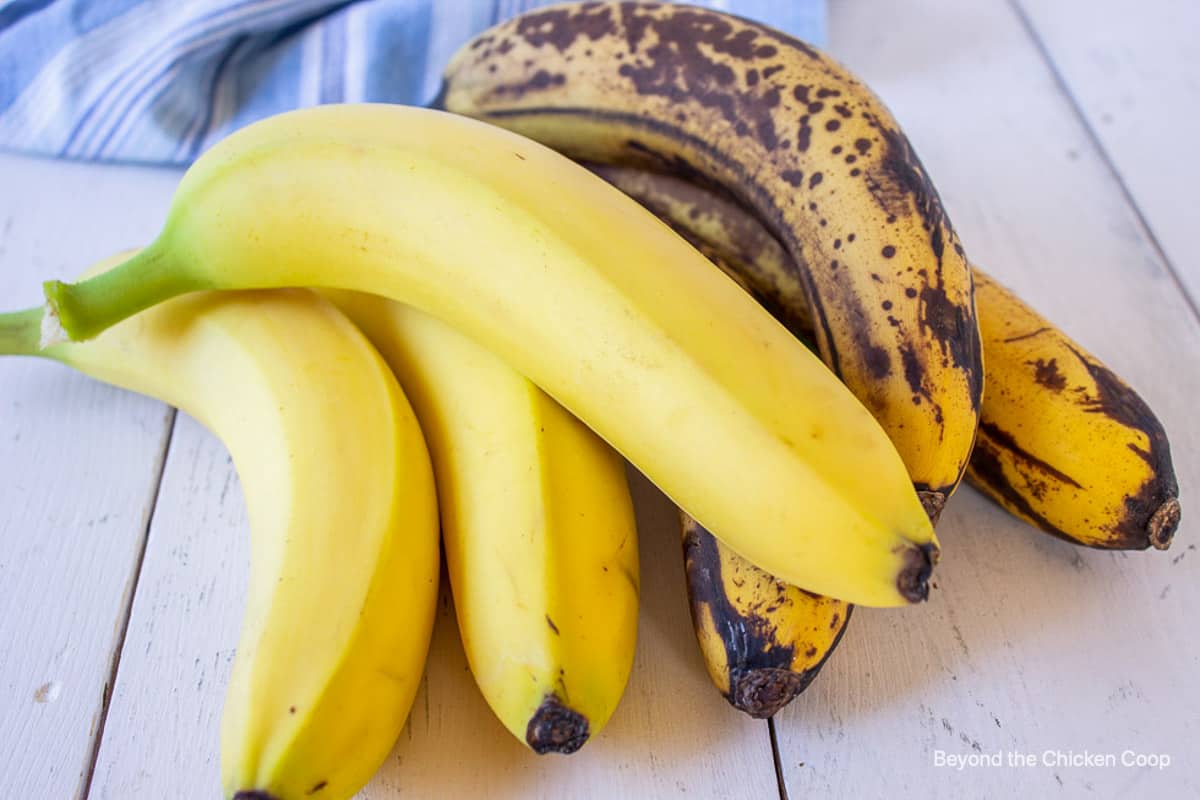 A stack of bananas ranging from yellow to very dark.