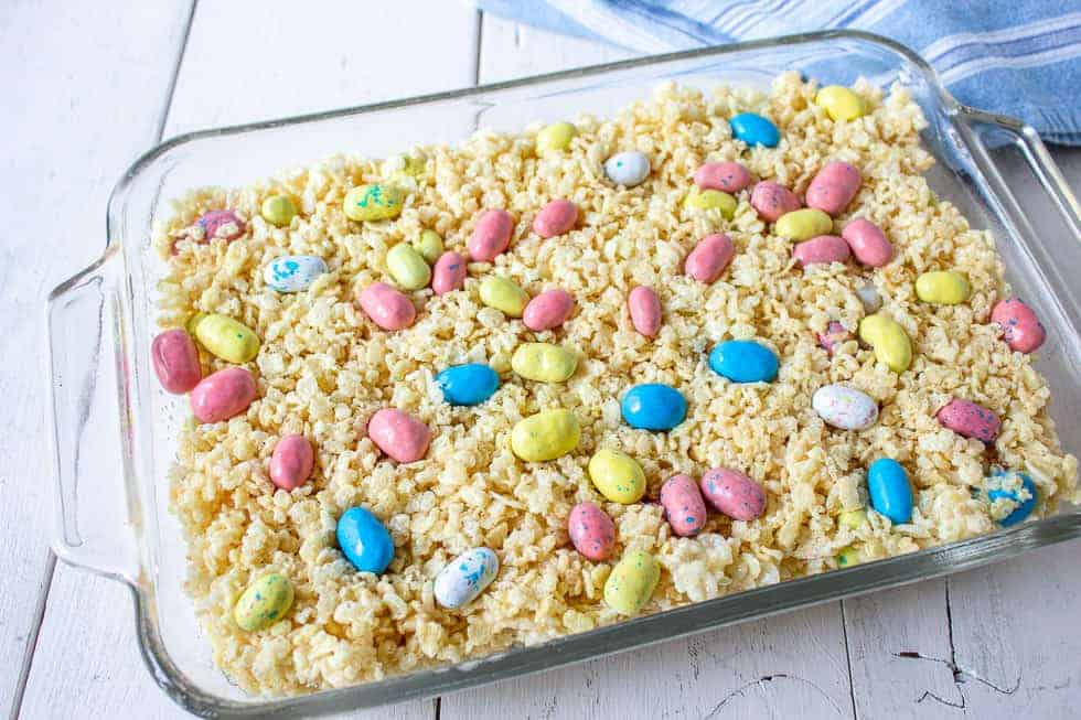 A glass pan filled with Easter Rice Krispies Treats.