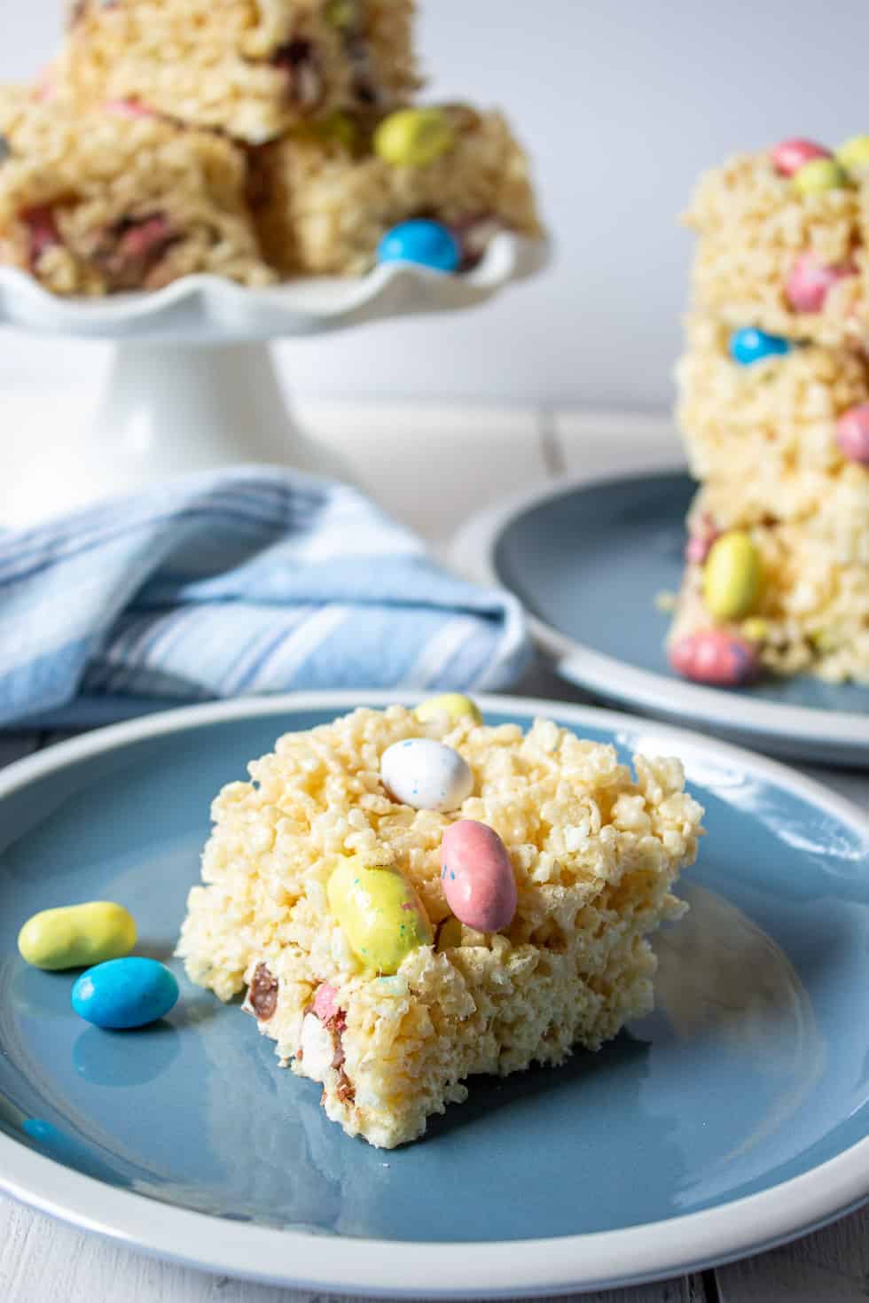 Easter candy and a puffed rice cereal bar on a plate. 