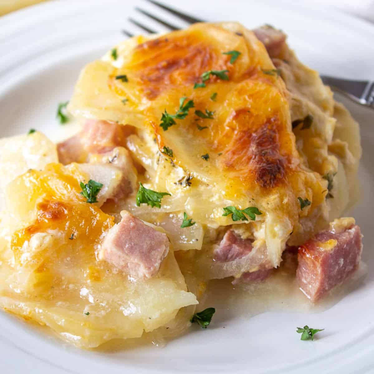 Sliced potatoes with chunks of ham in a creamy casserole. 