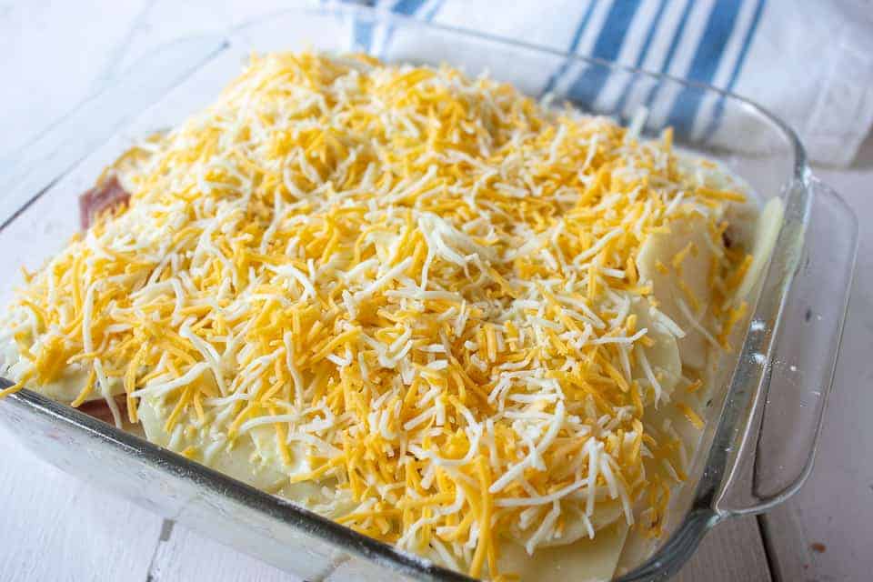 Casserole dish with shredded cheese on the top of all ingredients.