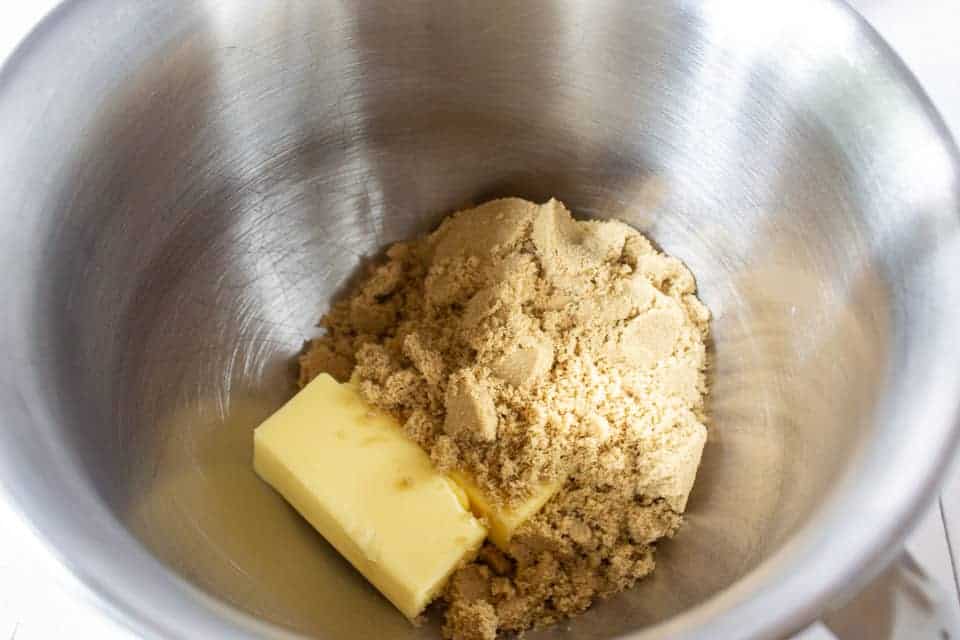 1 Butter and brown sugar in a mixing bowl.