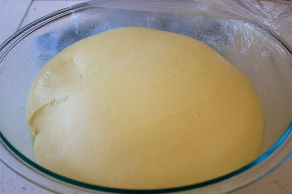 Bread dough that has doubled in size and is ready to use.