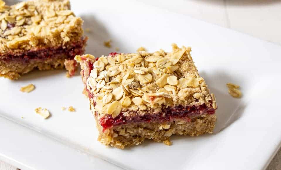 Oat bars with a raspberry filling. 