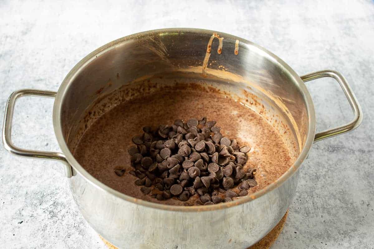 Chocolate chips in a pot with a chocolate sauce.