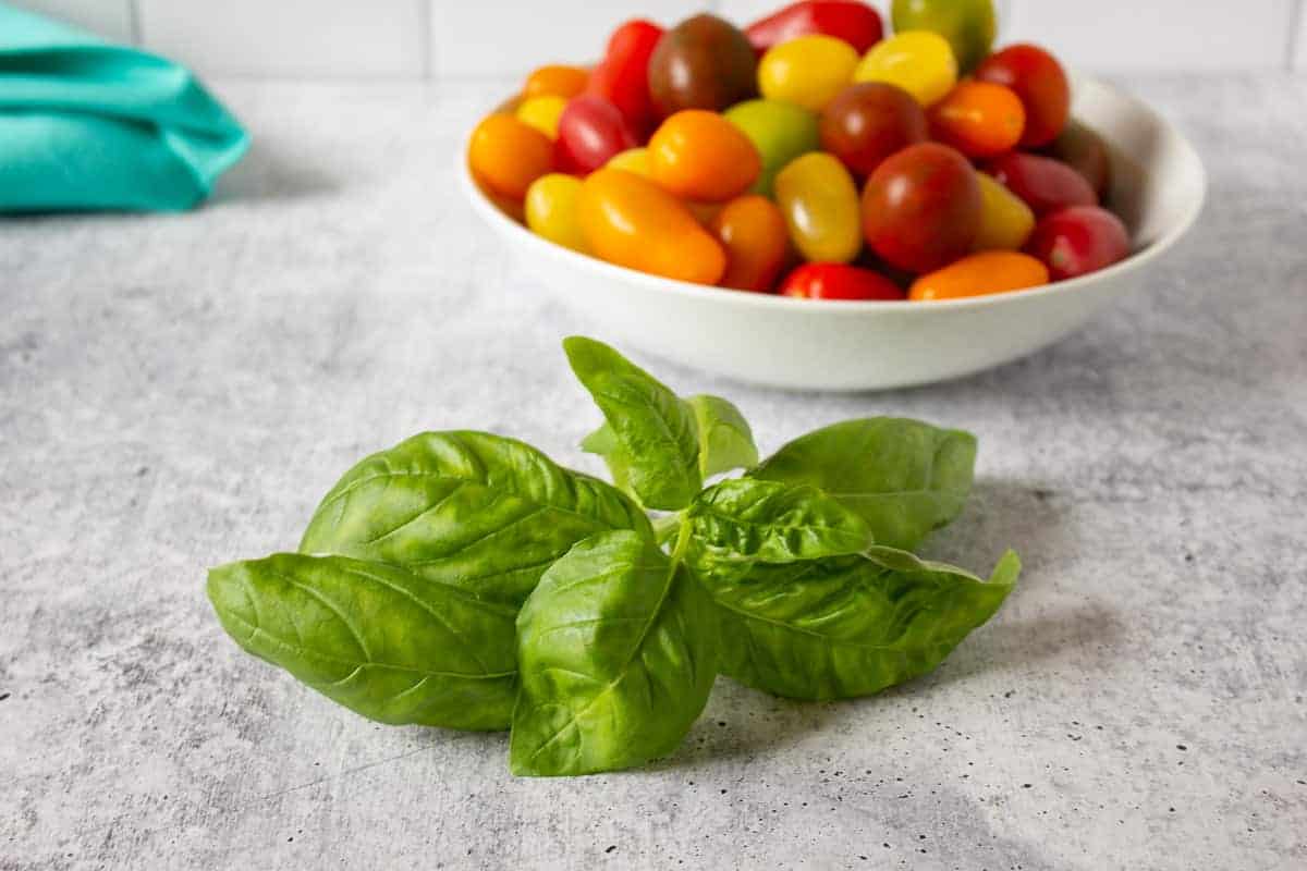 Fresh basil in front of a bowl of cherry tomatoes.