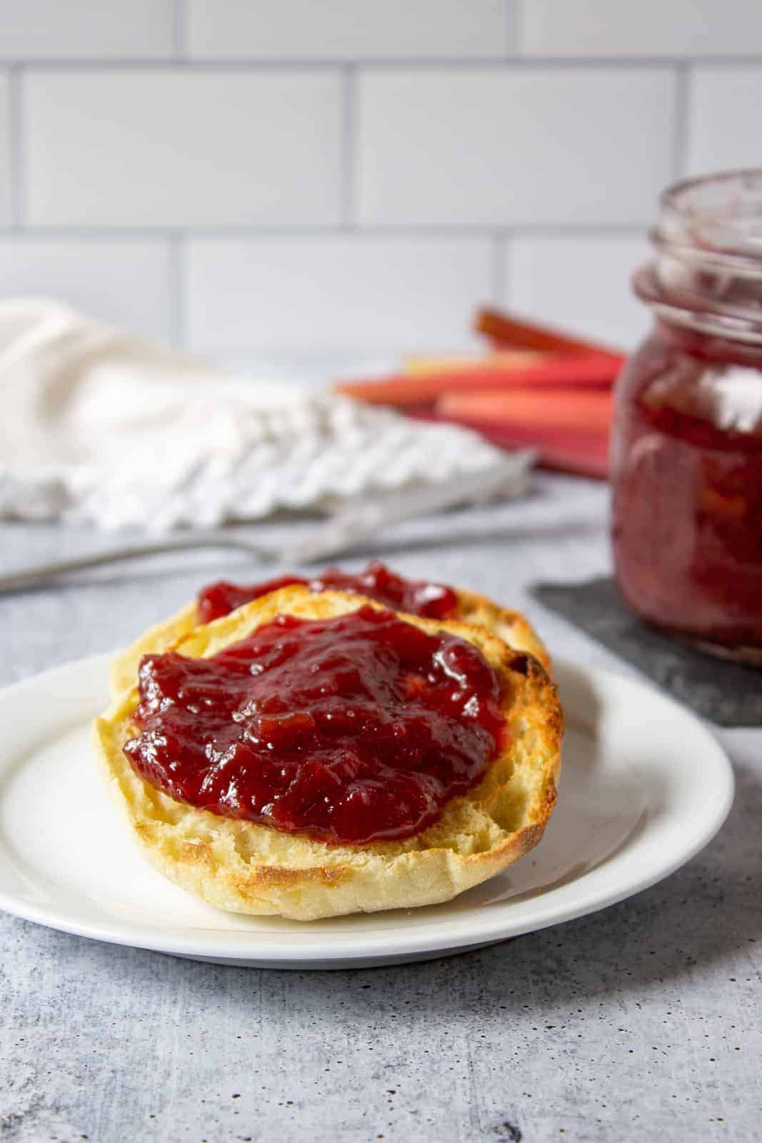 An English muffin topped with rhubarb jam. 