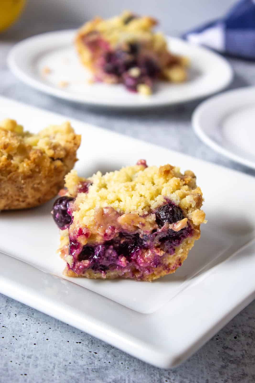 Blueberry Lemon Bars cut into squares and arranged on a white plate.