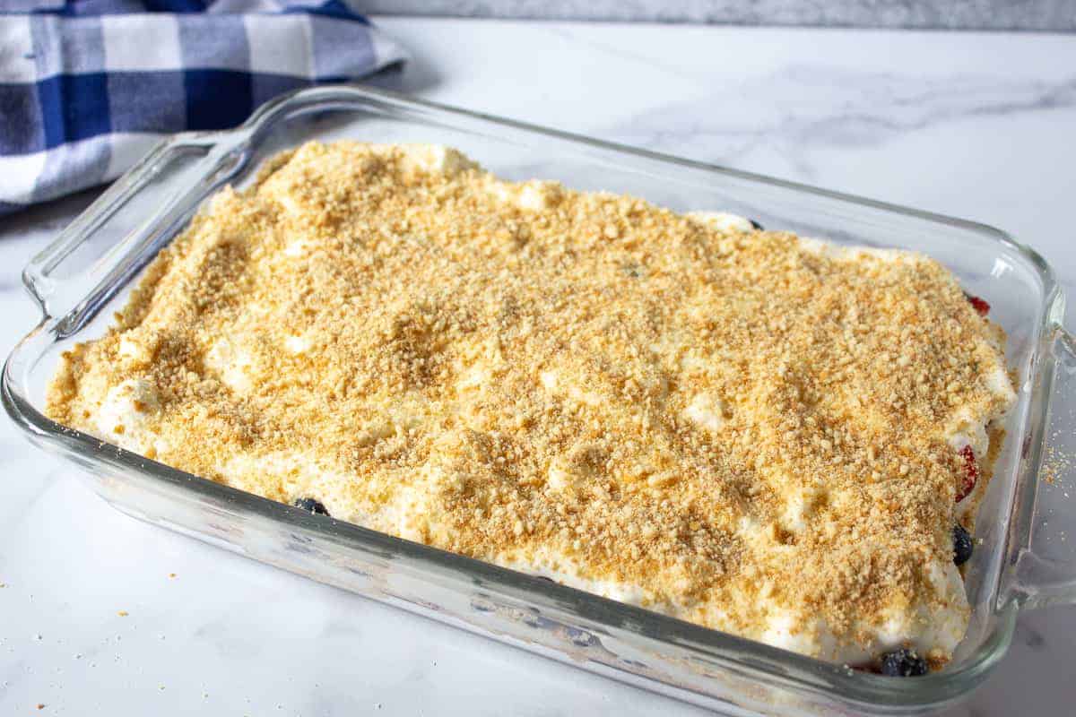 Cookie crumbs added to the top of a no bake dessert.