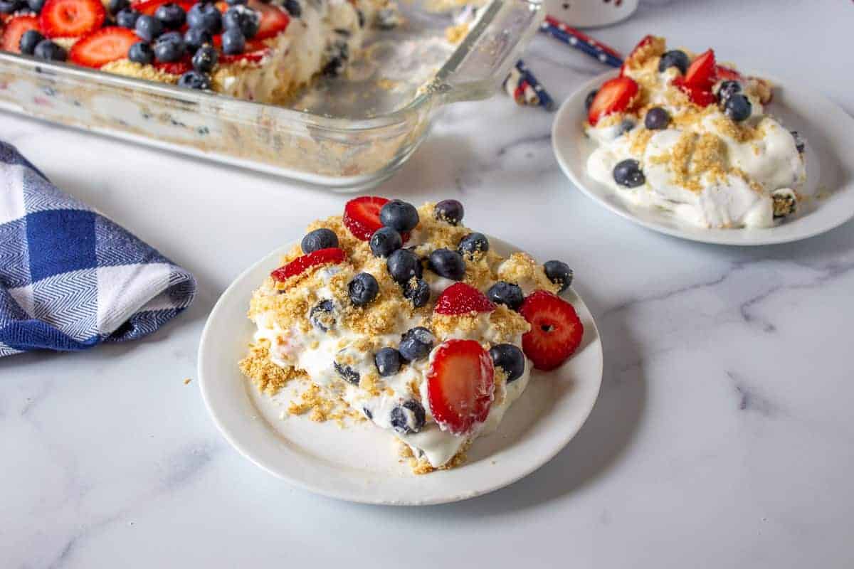 No Bake Berry Delight on a white plate.