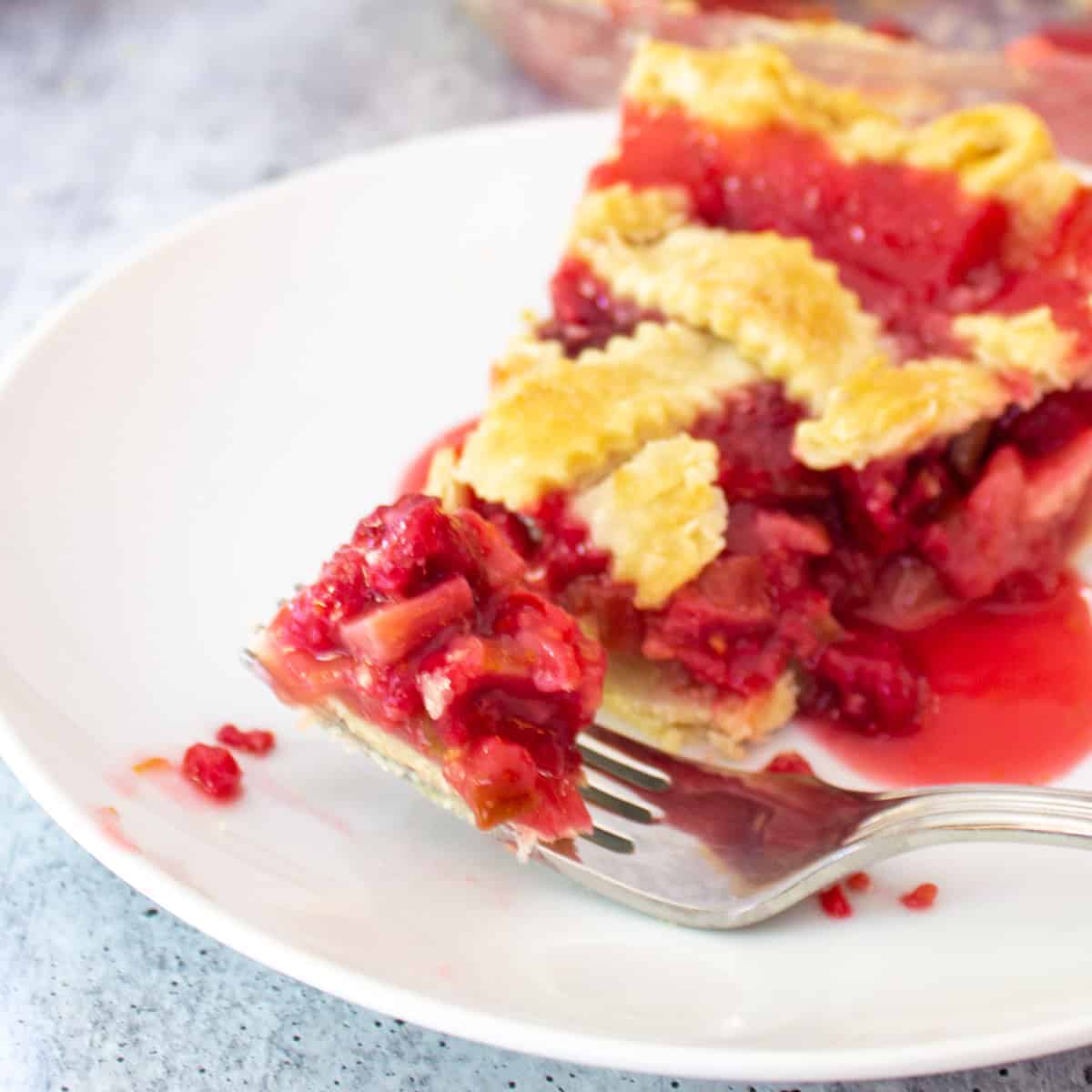 A slice of raspberry rhubarb pie with a bite of the pie on a fork.