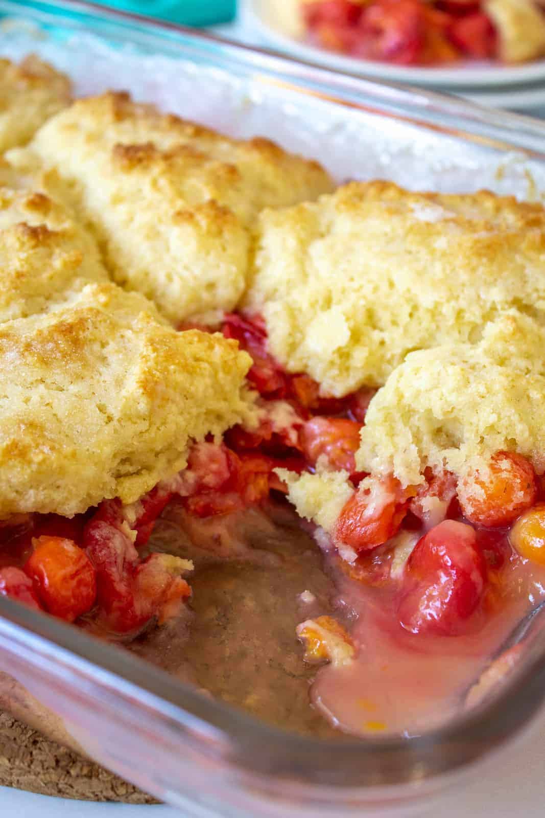 Cherry cobbler with a biscuit topping. 