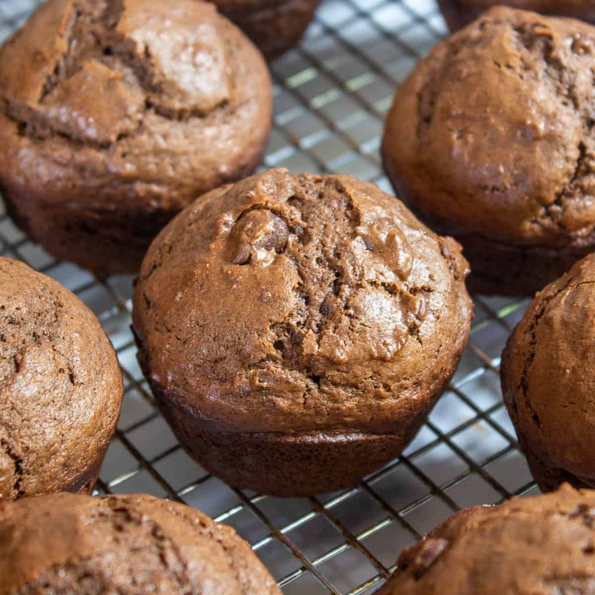 Triple Chocolate Muffins on a baking rack. 
