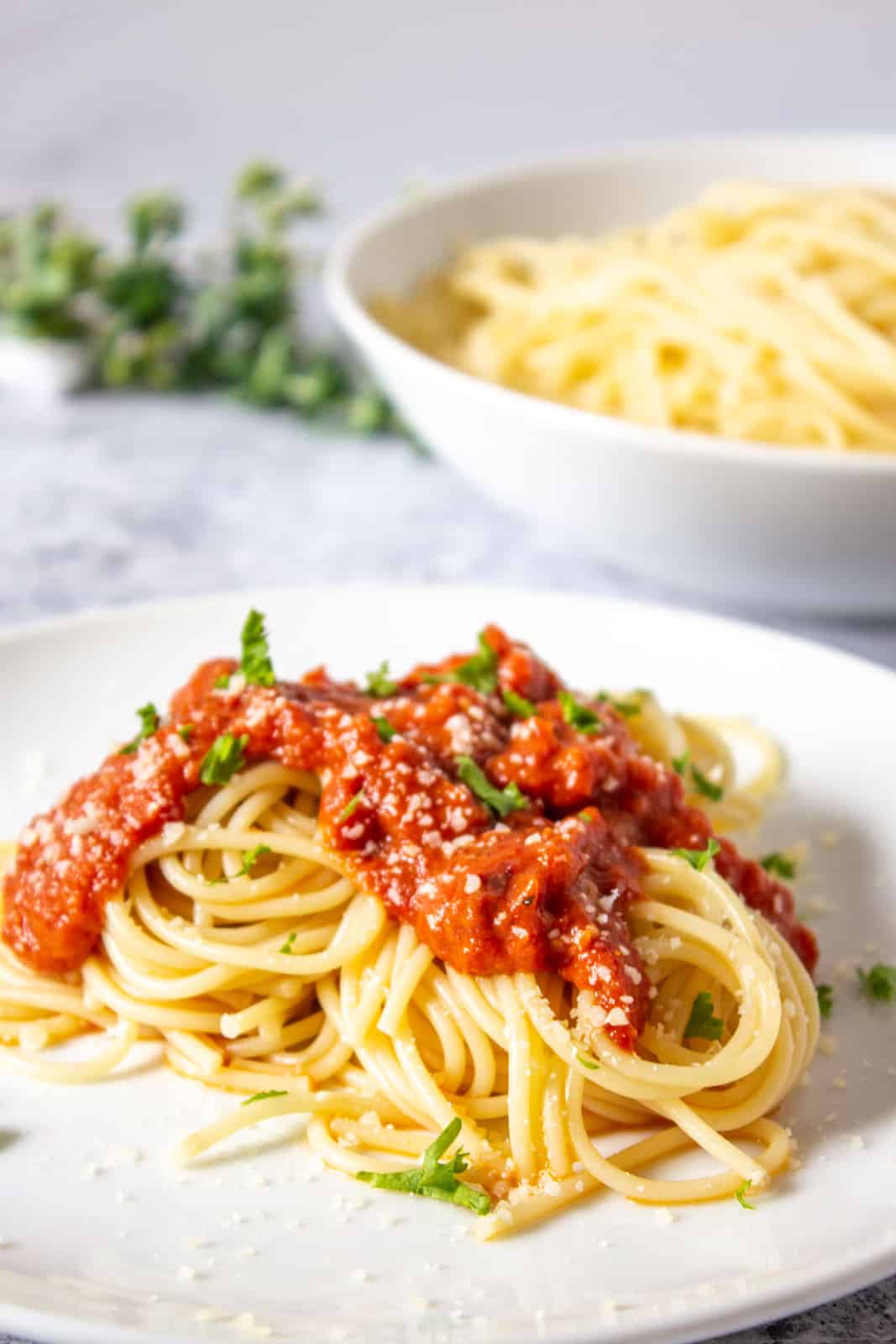 Pasta with oven roasted tomato sauce.