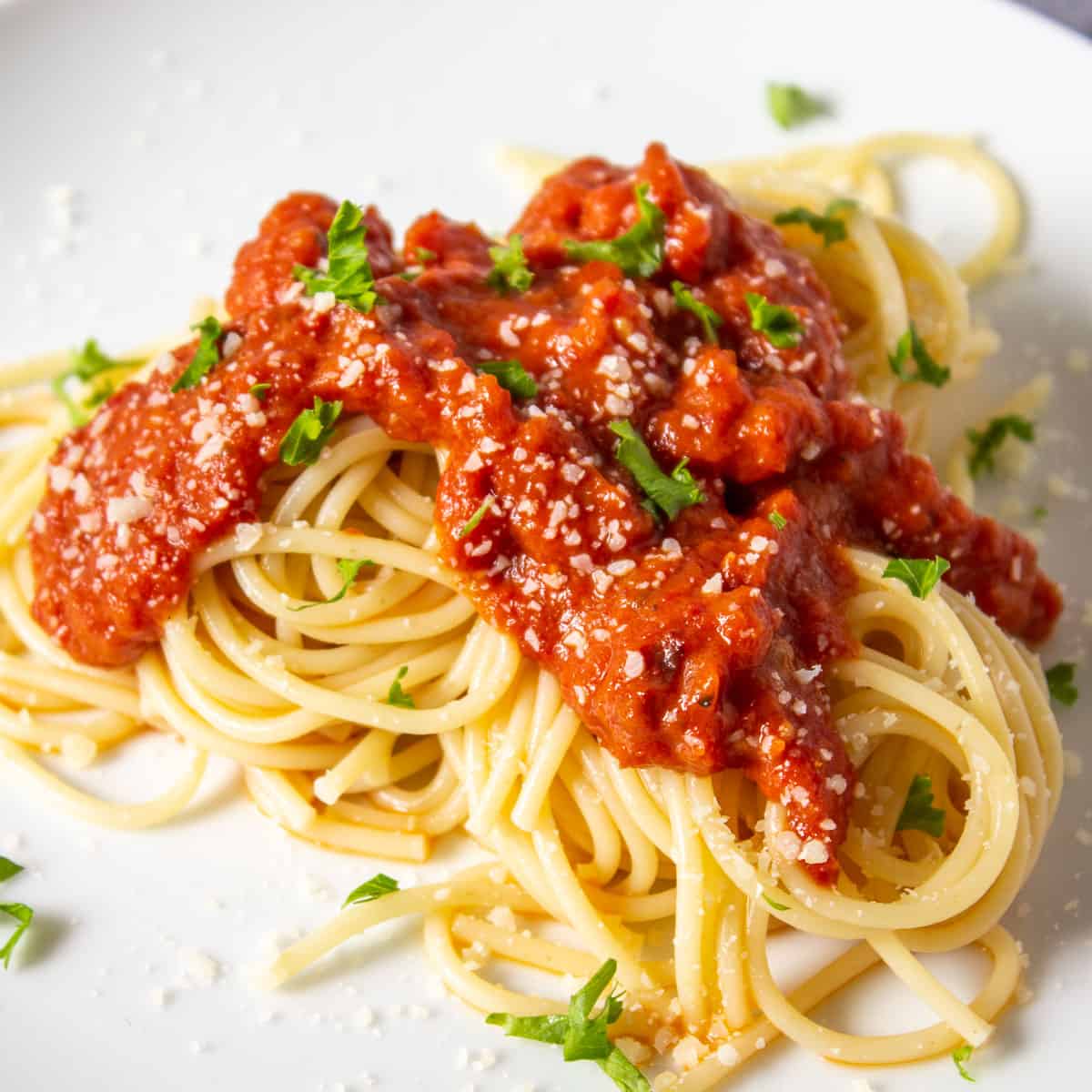 Spaghetti noodles topped with a roasted tomato sauce and topped with parmesan cheese.