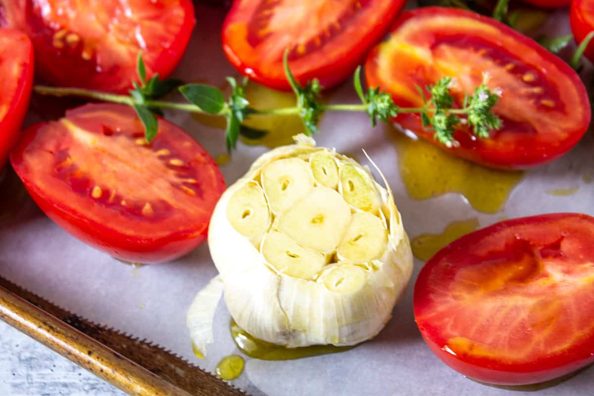 A head of garlic with halved tomatoes. 