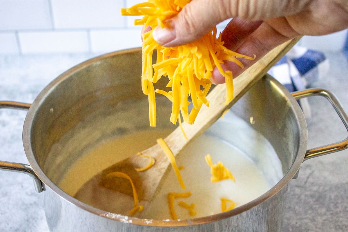 Shredded cheese being sprinkled into a sauce.