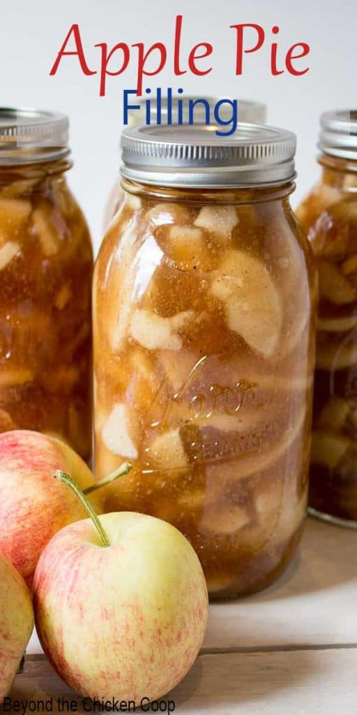 Canning jars filled with apple pie filling with fresh apples in front of the jars.