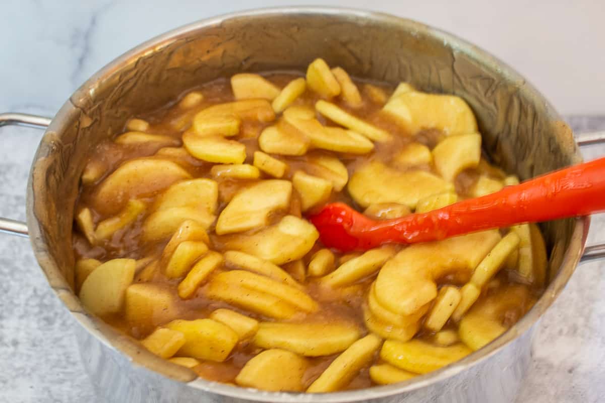 A pot filled with apple slices with a thick gelled sauce.