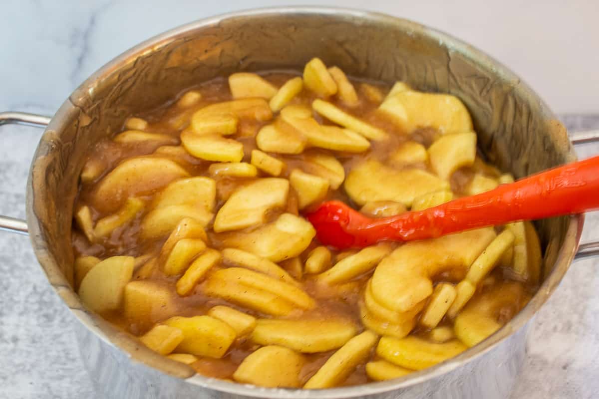 A pot filled with apple slices with a thick gelled sauce.