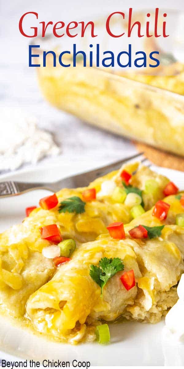 Green chili enchiladas topped with chopped tomatoes and cilantro leaves.