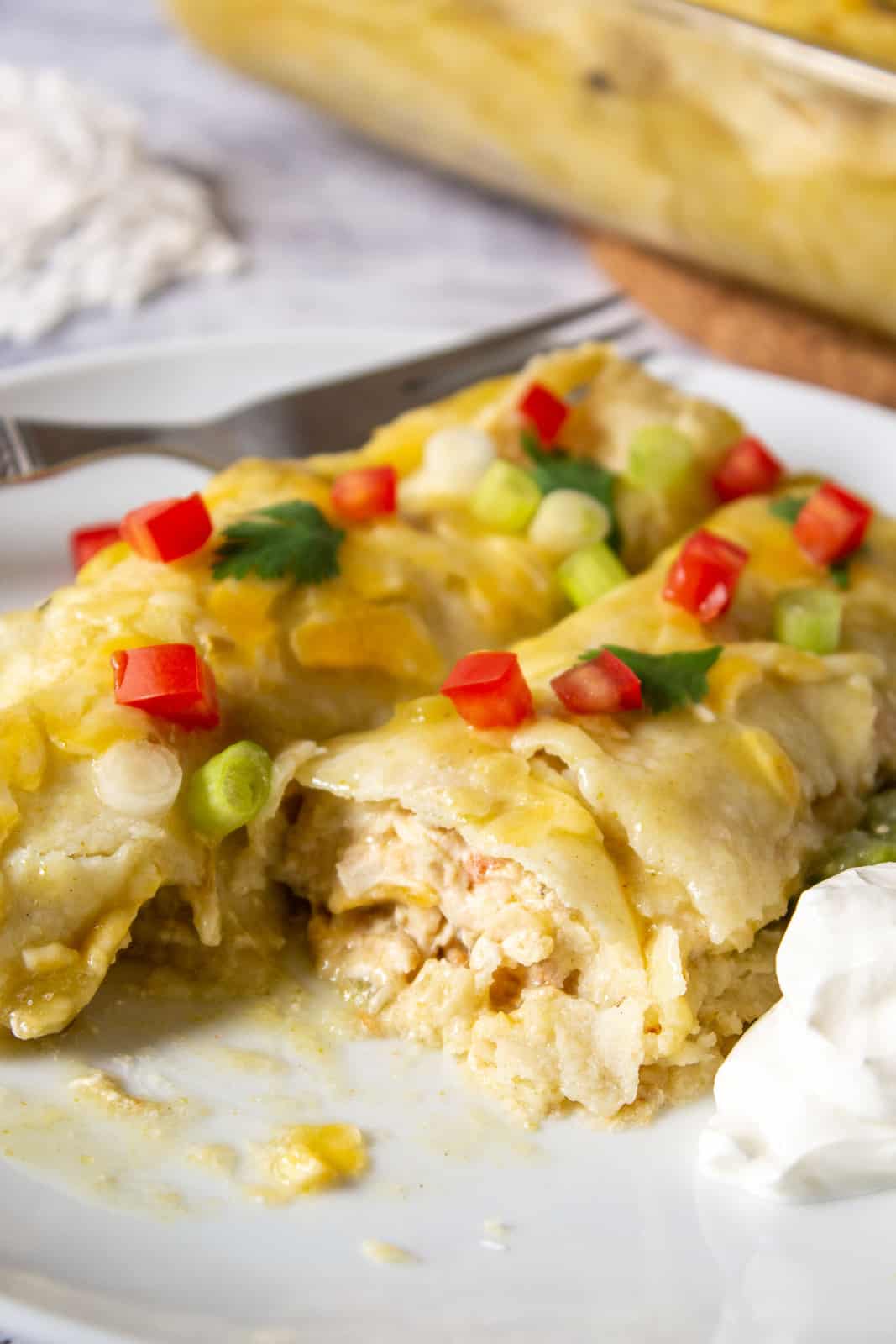 Chicken enchiladas covered with green sauce and topped with tomatoes and onions. 