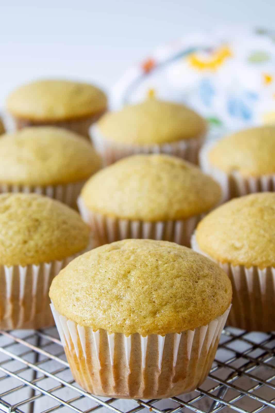 Cupcakes on a baking rack.