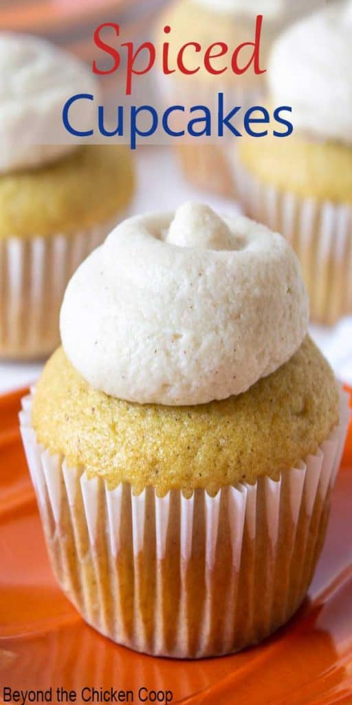 A cupcake with frosting on an orange plate.