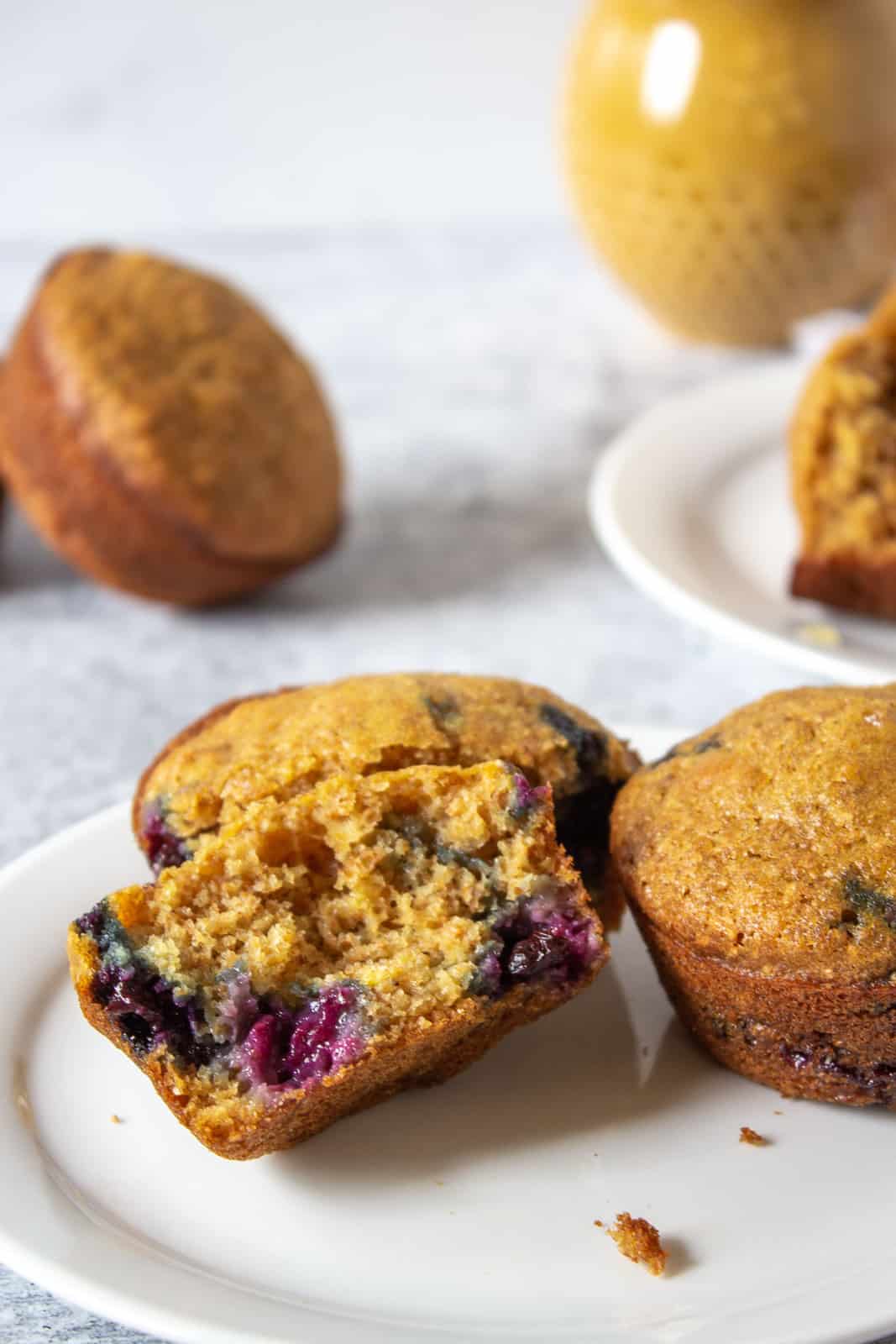 A bran muffins with blueberries on a plate.