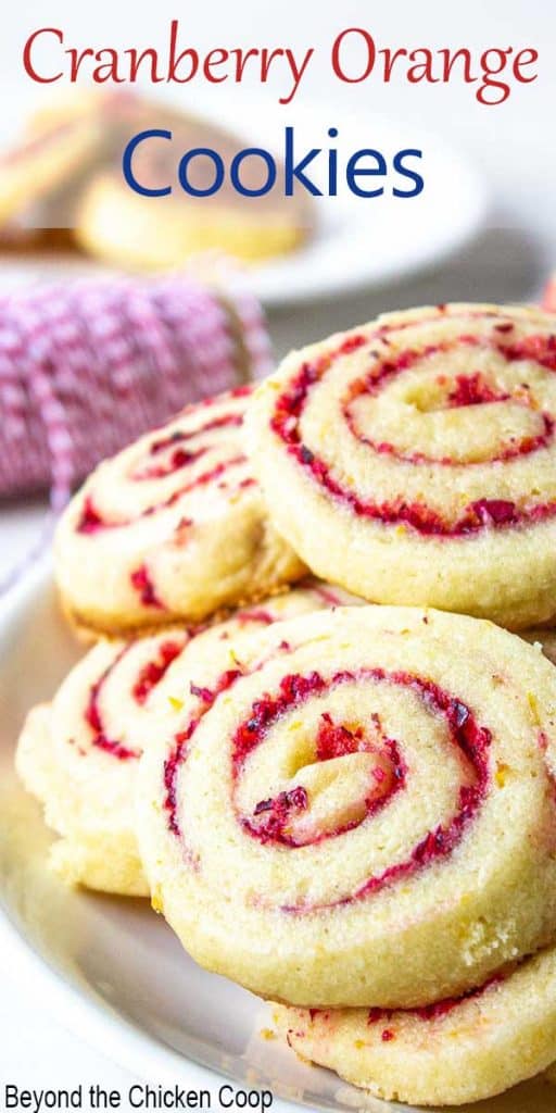 A plate of cranberry orange cookies on a white plate.