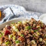 A bowl filled with wild rice, pecans and cranberries.