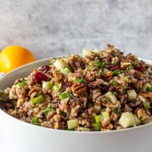 A white bowl filled with a wild rice salad with pecans and cranberries.