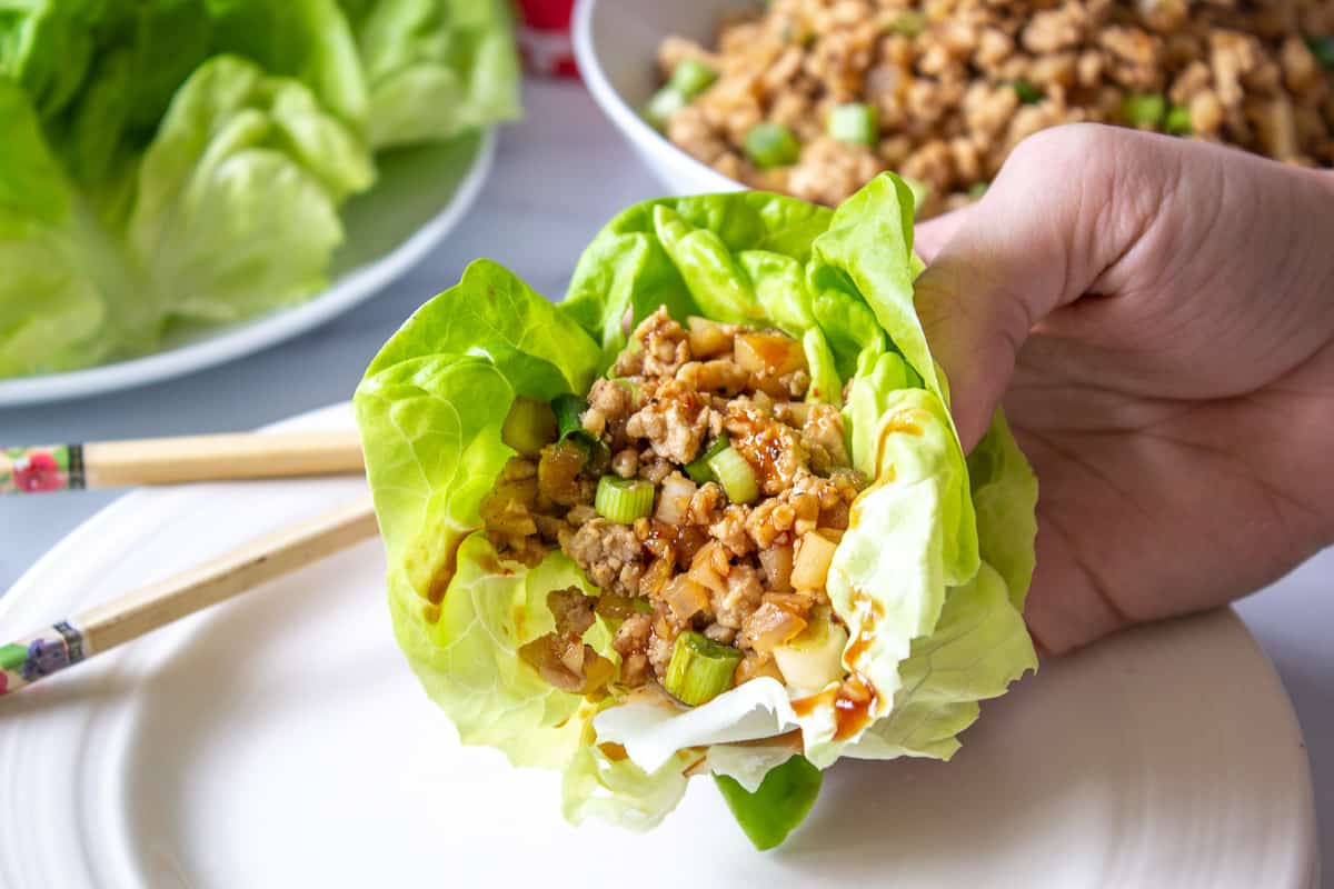 A lettuce wrap filled with chicken and a dark sauce being held in one hand. 