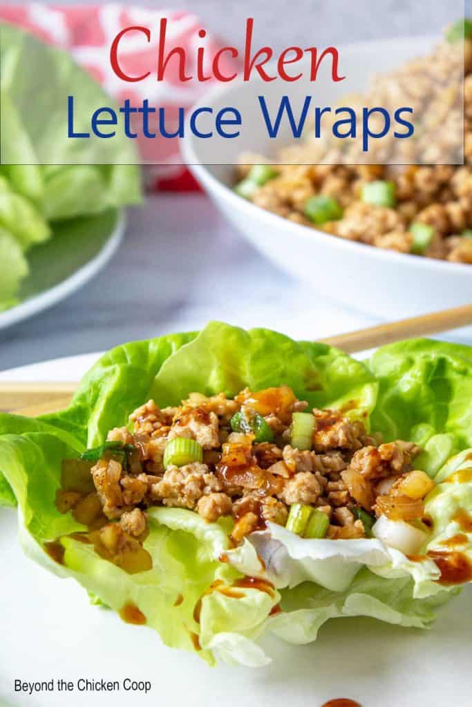 A leaf of lettuce filled with cooked ground chicken and green onions.