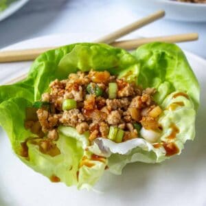 Bibb lettuce filled with cooked chicken and green onions.