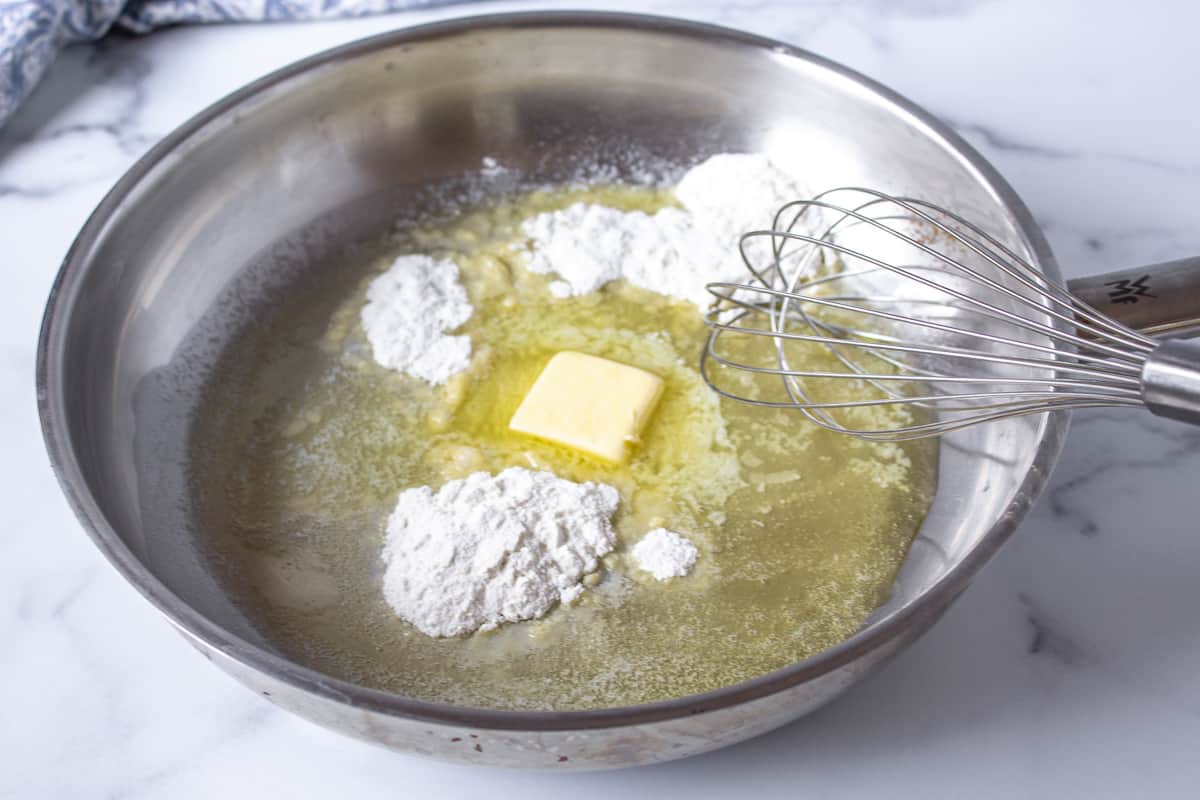 Flour and melted butter in a sauce pan.
