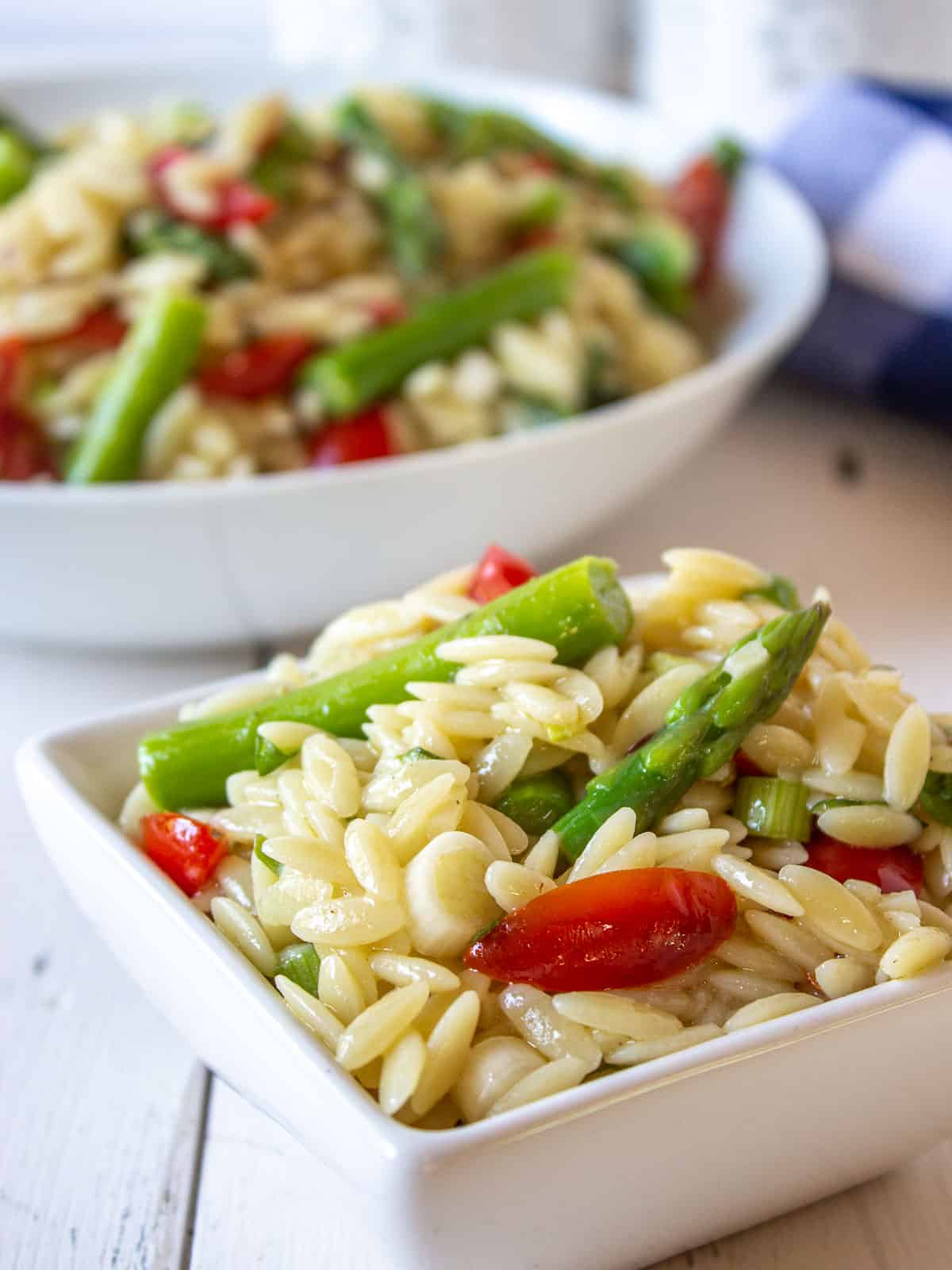 Pasta salad in a small dish.