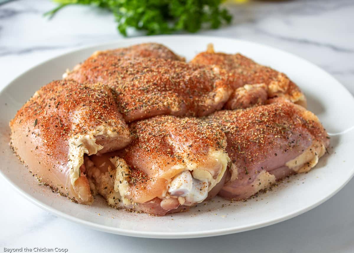 Seasoned chicken thighs on a white plate.